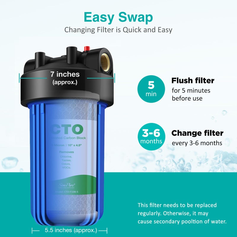 SimPure Whole House Water Filter Cartridges 5 Micron 10" x 4.5" CTO Activated Carbon Block, For DB10P, DB10C-2, GE GXWH40L, GXWH35F, BB10, FXHTC, FC15B, 2 Pack - Image 5